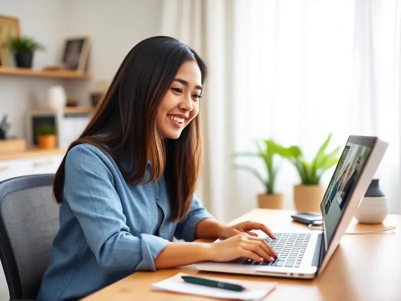 Perempuan bekerja dari rumah mengikuti meeting online di laptop