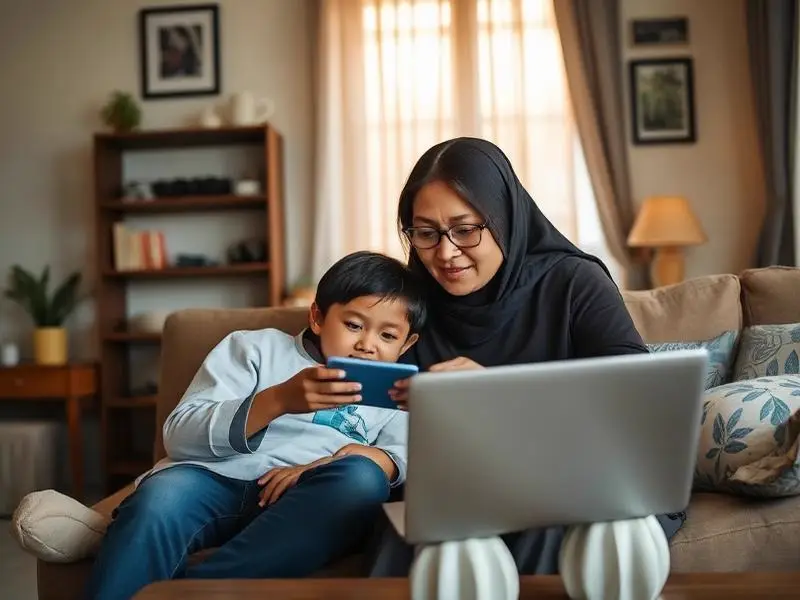 Ibu dan anak browsing serta belajar online di ruang keluarga